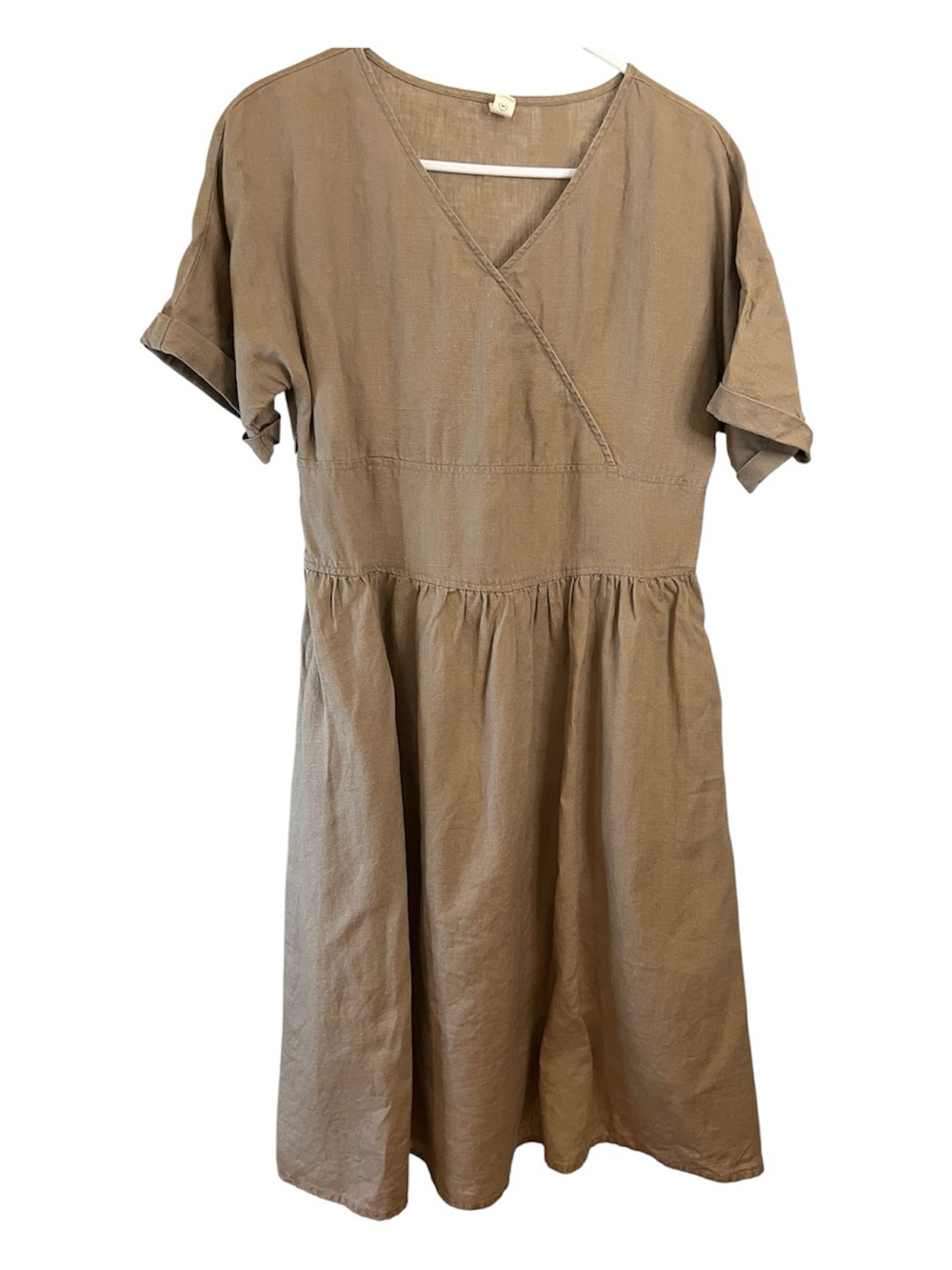 Classic minimalist linen Tan Midi Dress with V-Neck